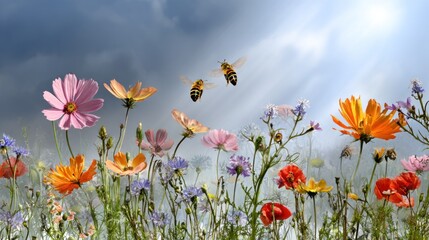 Obraz premium Colorful wildflowers and bees in a meadow.