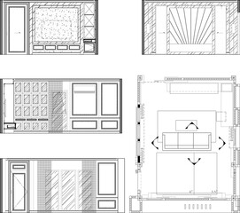 2D Interior Drawing of Living Room – Furniture Layout Plan and Elevation in Vector Format