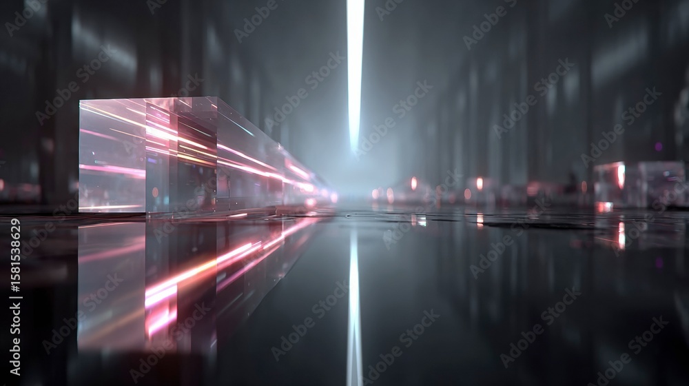 Poster digital corridor: abstract, futuristic, digital rendering of an illuminated corridor, with a luminou