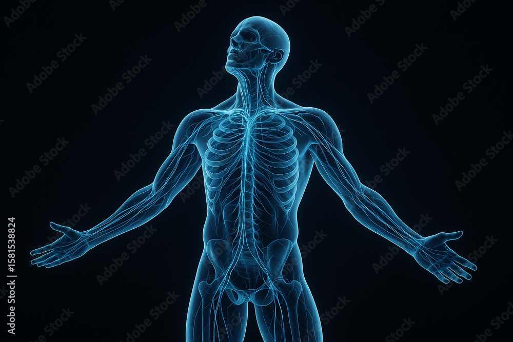 Poster ai generated ultra detailed male anatomy rendered in blue glowing style showing skeleton and nervous