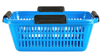 Fototapeta premium Bright blue plastic shopping basket with black handles
