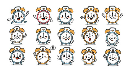 Set of cute cartoon alarm clocks showing various expressions and poses
