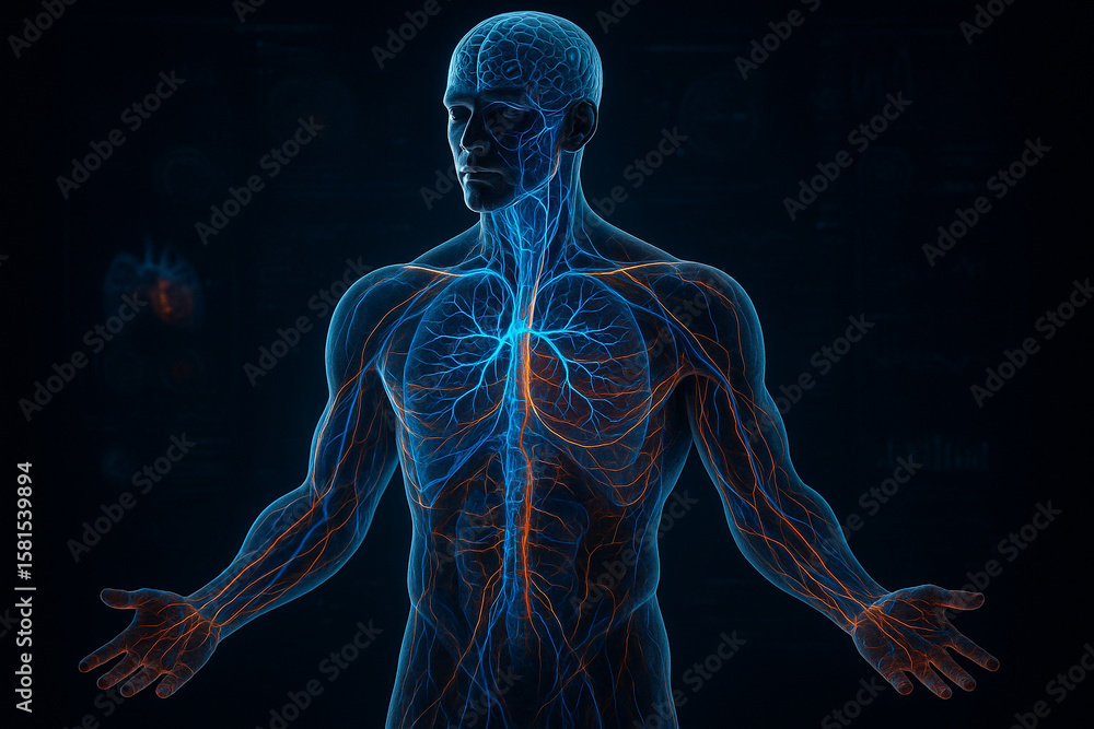 Poster ai generated ultra realistic sci fi visualization of human nervous and vascular systems glowing in b