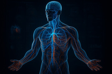 AI generated ultra realistic sci fi visualization of human nervous and vascular systems glowing in blue and orange with transparent bones and digital HUDs on dark background