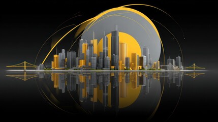 A stylized cityscape reflected in a dark surface, with abstract yellow and gray accents.