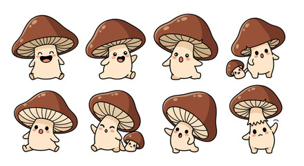 Cute mushroom characters with expressive faces and various poses
