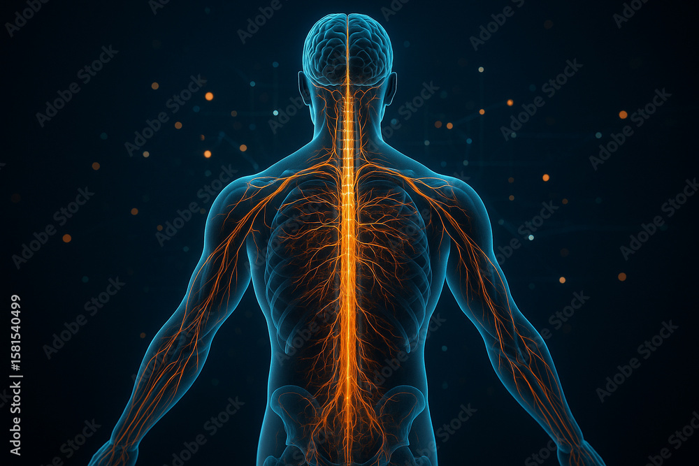 Poster ai generated hyper detailed back view of human body showing glowing nerves spinal cord and brain in 