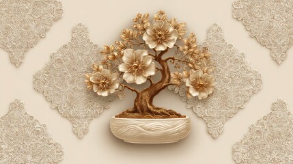Ornamental bonsai tree design in cream and gold tones.