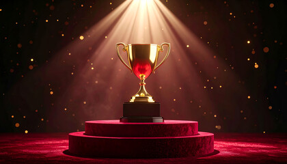 Glowing gold trophy on velvet podium with dramatic spotlight 