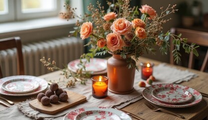 Naklejka premium A beautifully set table with roses, chocolates, and candles creating an inviting atmosphere indoors