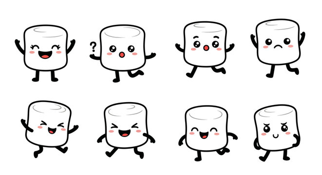 Collection of cute marshmallow characters with expressive faces