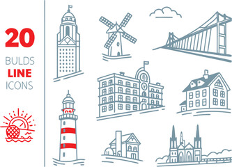Fototapeta premium Iconic buildings and landmarks line art collection architecture city