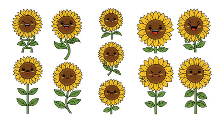 Cute sunflower characters with expressive faces for design projects