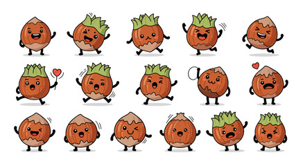 Set of cute cartoon hazelnuts with expressive faces and emotions for animations and branding