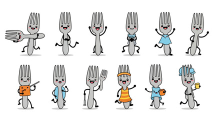 Group of playful cartoon forks with accessories and expressions