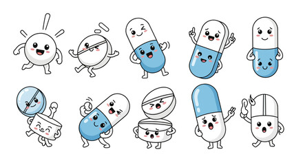 Animated pills and capsules with cheerful expressions