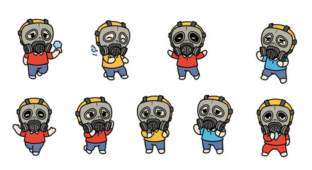 Set of cartoon characters wearing protective masks in various poses