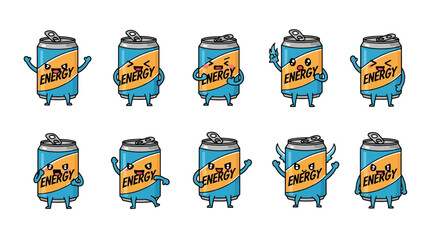 Set of animated energy drink can characters with different expressions