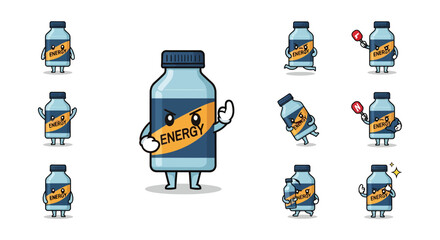 Collection of energetic bottle characters with various expressions and actions