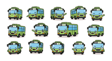 Cute eco friendly buses with different expressions and labels