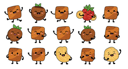 Cute food characters with happy faces and expressive poses for fun design