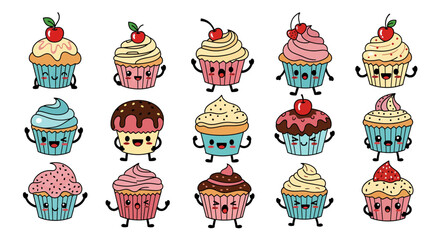 Set of animated cupcakes with expressive faces and colorful frosting