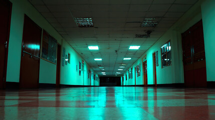 A long hospital hallway with glowing ceiling lights, creating depth and a cool-toned atmospheric effect.
