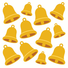 A pattern of golden christmas bells scattered on a white background