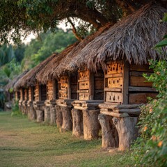 Traditional Bamboo Houses in Lush Green Landscape at Sunset
