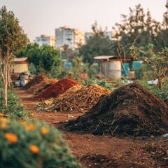 Vibrant Community Garden with Compost Pile and Cityscape Background