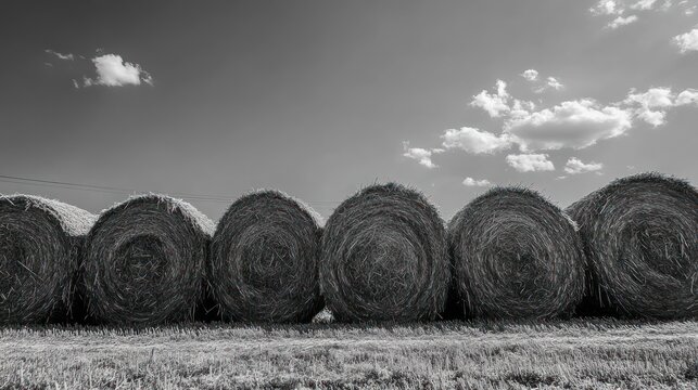Rural hay bales field summer monochrome landscape
