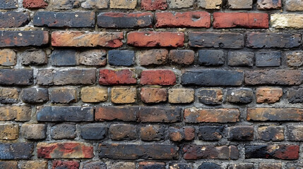 Obraz premium Detailed full frame shot showcasing a sturdy brick wall with varied colors and textures creating a rustic, vintage atmosphere.