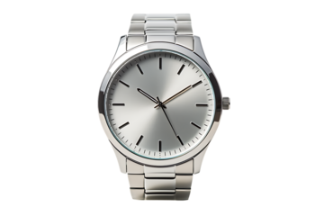 Minimal silver wristwatch with shiny metallic strap and simple round face for everyday fashion use isolated on transparent background