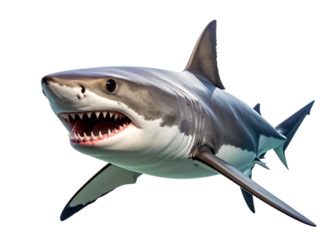 Aggressive Shark with Open Jaws and Sharp Teeth in Attack Pose, isolated on transparent background.