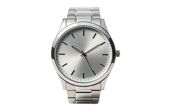 Minimal silver wristwatch with shiny metallic strap and simple round face for everyday fashion use isolated on transparent background