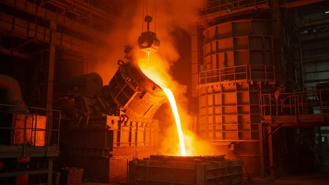 Molten metal pouring in industrial foundry setting