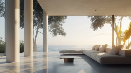 Coastal contemporary living area with panoramic ocean view.