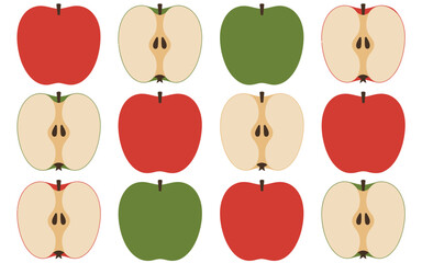 Collection of red and green apples whole and cut in half