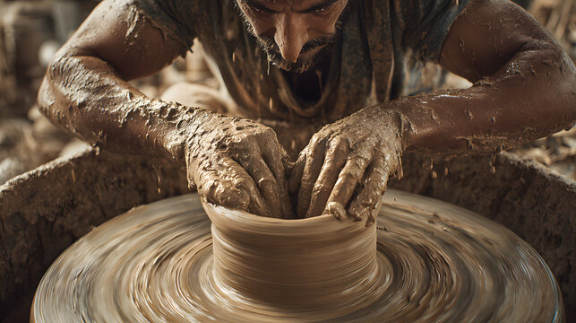 A potter at a wheel, focused and centered.	From a low angle, a potter is intensely focused as their hands expertly center a spinning mound of clay on a potter's wheel.
 - Powered by Adobe