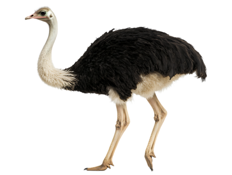 Realistic ostrich bird with detailed feathers and long neck in standing pose side view wildlife concept isolated on transparent background