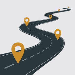 Winding road with navigation pins marking the journey s path
