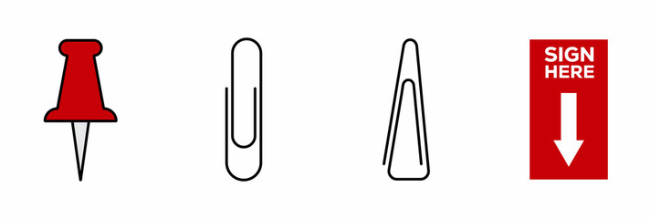 Stationery line icon, post it sign here, push pin, paper clip, Editable stroke.
