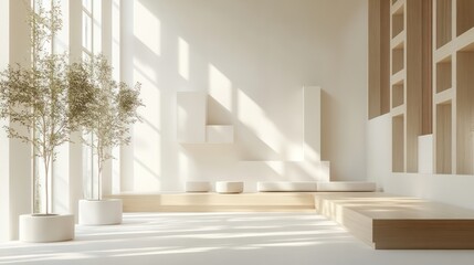 Modern minimalist interior design, sunlit space, natural light, calm ambiance, home decor, architectural photography, displaying design elements, creating serene atmosphere