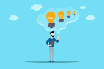 Professional man pointing at glowing light bulbs, representing creative thinking, brainstorming, and innovation in business.