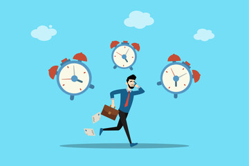 Businessman running with documents and surrounded by alarm clocks. Concept of stress, urgency, deadlines, and time management.