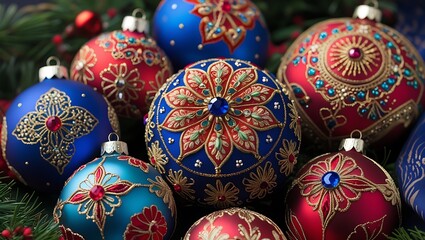 Festive Christmas collection features intricately decorated red and blue baubles adorning a holiday tree, spreading seasonal joy.