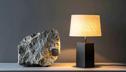 Modern Lamp with Sculptural Stone, Soft Glow Creating Contrast with Deep Artistic Shadows

