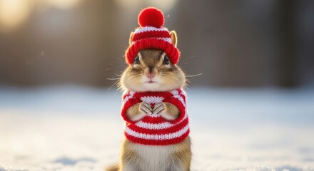 Adorable chipmunk wearing a red and white striped sweater and hat in the snow