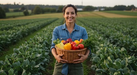 Woman holding a basket full of vegetables stands in a field of crops smiling at the camera outdoors in local agricultural production
