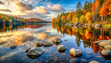 A stunning autumn view of the Svetloyar lake in the Nizhny Novgorod region captured from a worm s eye perspective showcasing the colorful foliage surrounding the crystal-clear waters 